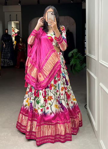 White Patola Printed Pure Gaji Silk Lehenga Choli For Wedding